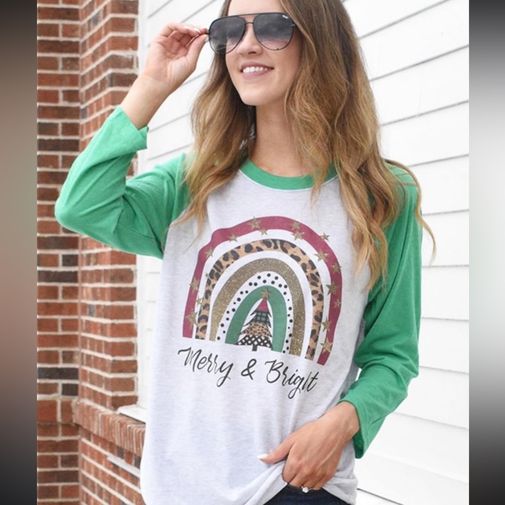 Merry & Bright Raglan 3/4 Sleeve Tee NEW